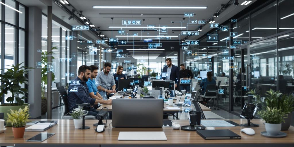 Kontor med digitale enheter og samarbeidende team.